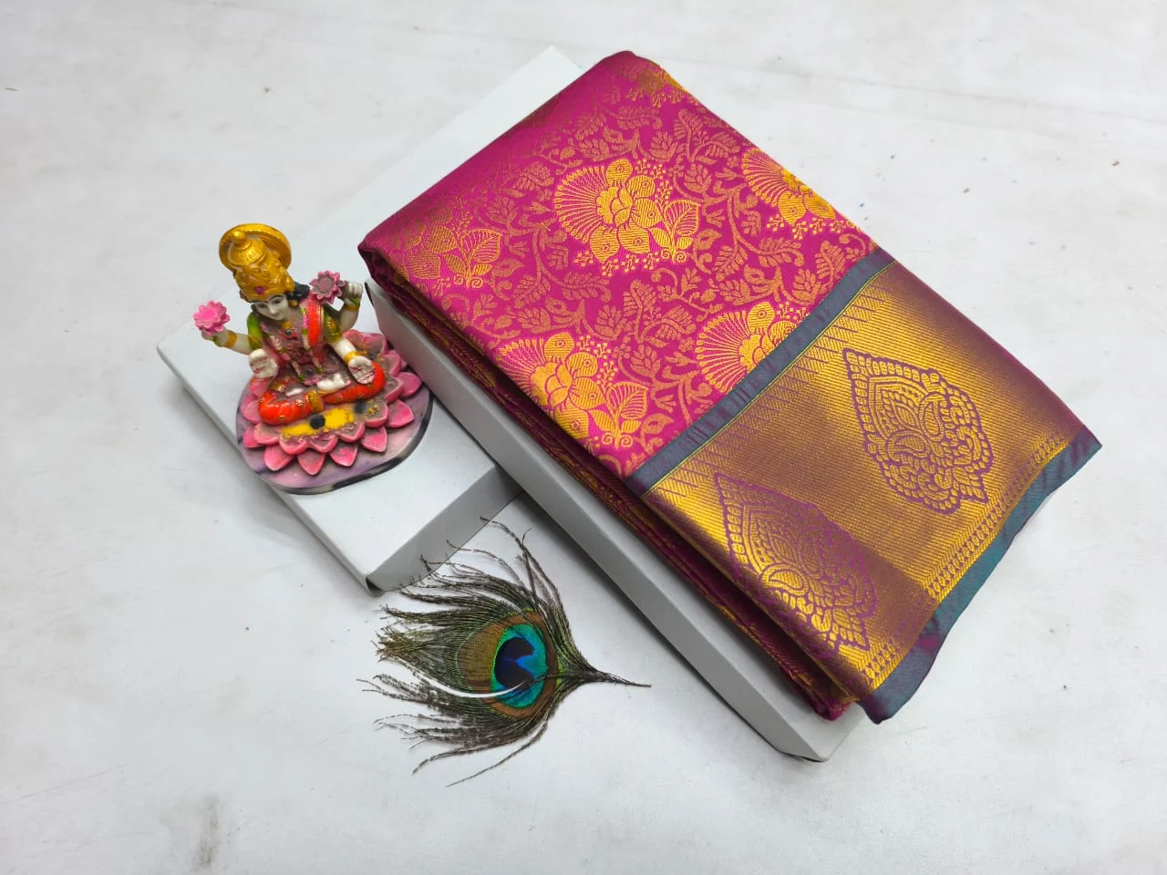 Rani Pink with Grey Floral Brocade Temple Butta Border Kanchipuram Silk Saree